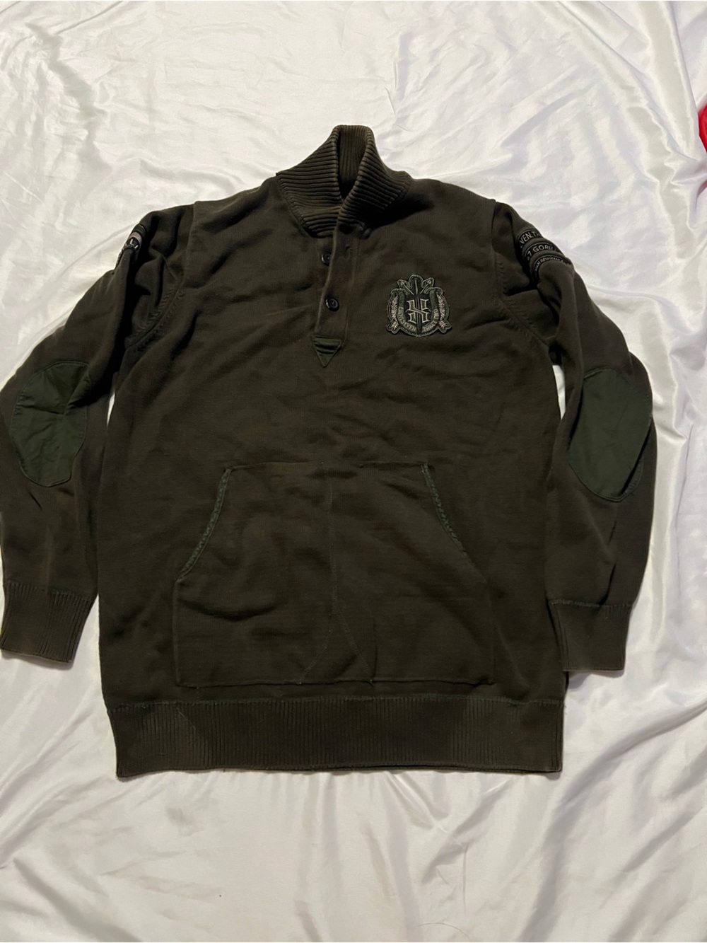 Men's Olive Green Crewneck Pullover Sweater with Elbow Patches